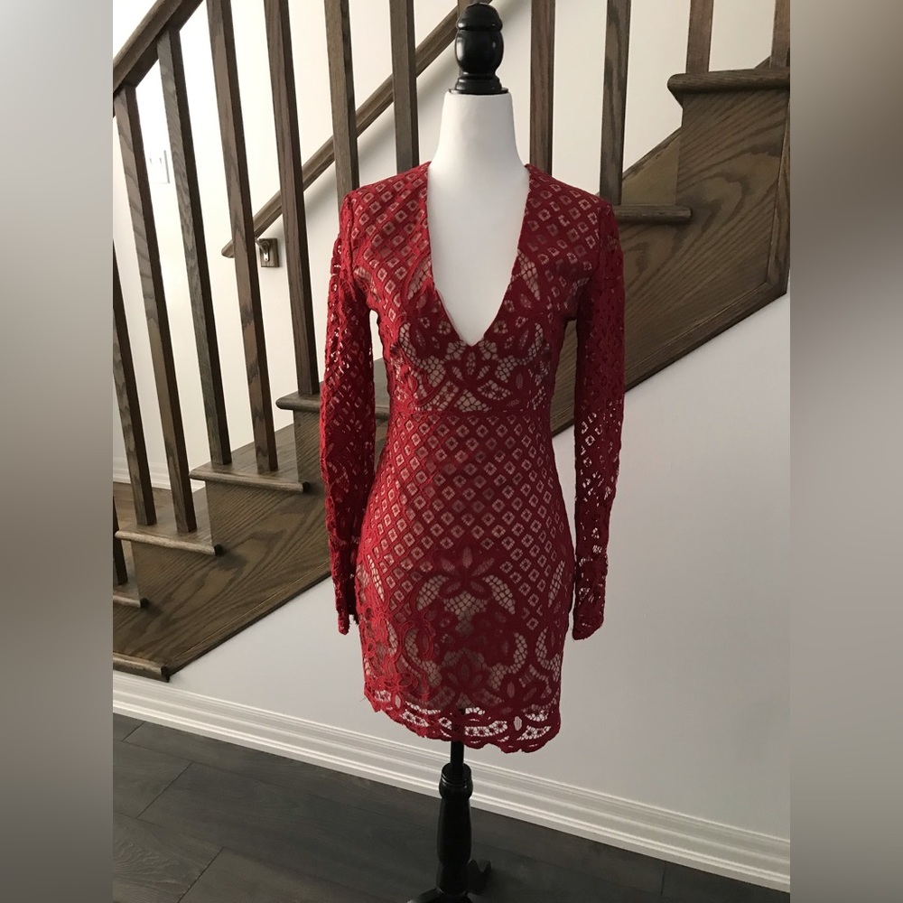 Designer Red lace dress with nude slip size XS